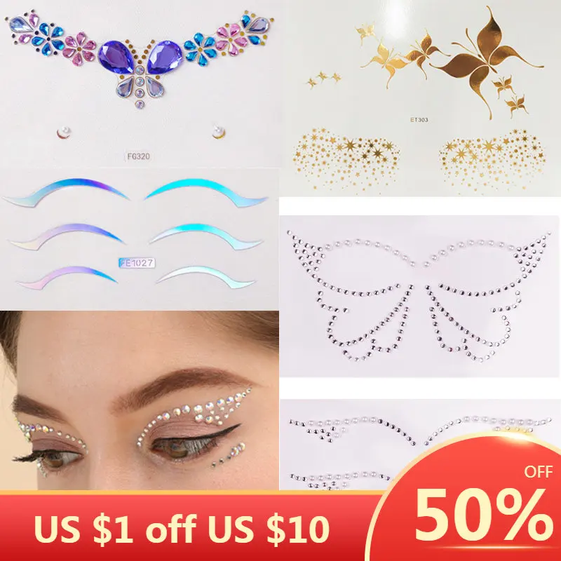 Shiny Crystal Pearl Resin Drills Face Stickers Laser Silver Eyeliner Stickers Water Transfer Metal Freckles Makeup Stickers