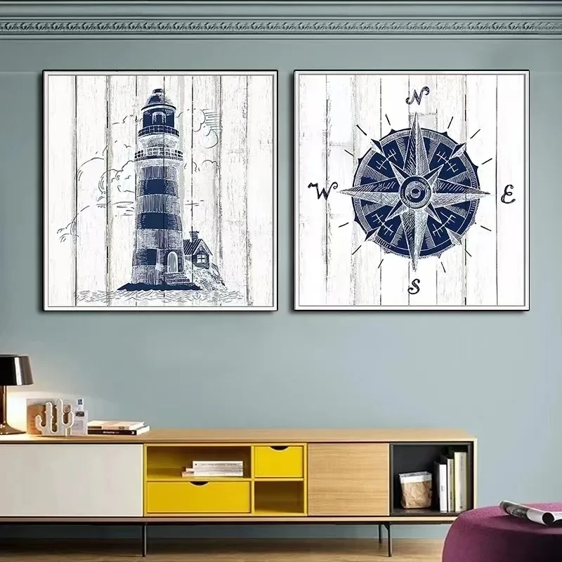 Wall Art Canvas Painting Nautical Chart Painting Lighthouse Navy Picture Anchor Compass Poster Mediterranean Boy Room Decor