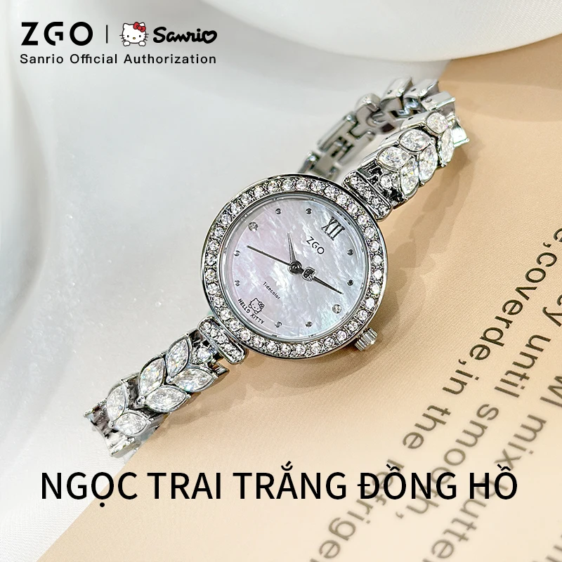 ZGO X Sanrio Hello Kitty Relógio de moda feminina à prova d'água cristal acentuado pulseira de prata relógio de quartzo presente para meninas 2172