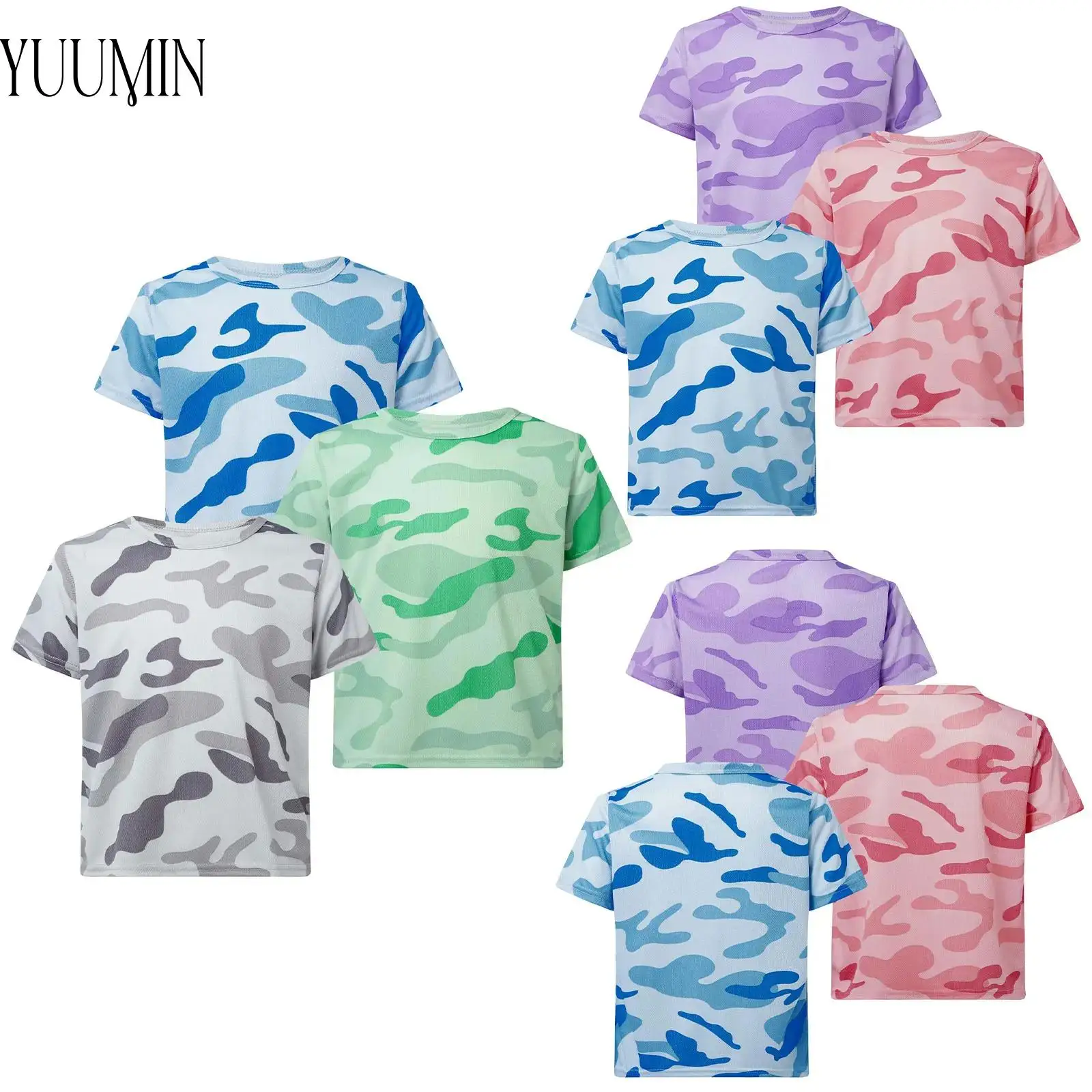 3Pcs Kids Boys Girls Quick-drying Moisture-Wicking Sports Tops Unisex Children Short Sleeve Camouflage Print T-shirt Sportswear