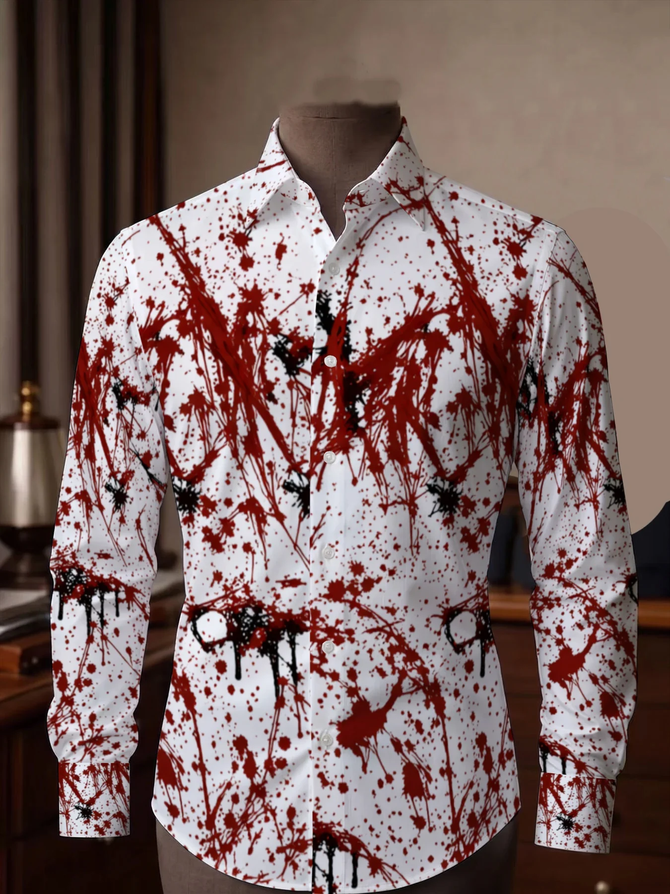 Halloween Style Men Lapel Collar Shirt White Base Blood Splash Scratch Graphic Polyester Long-Sleeve Blouse