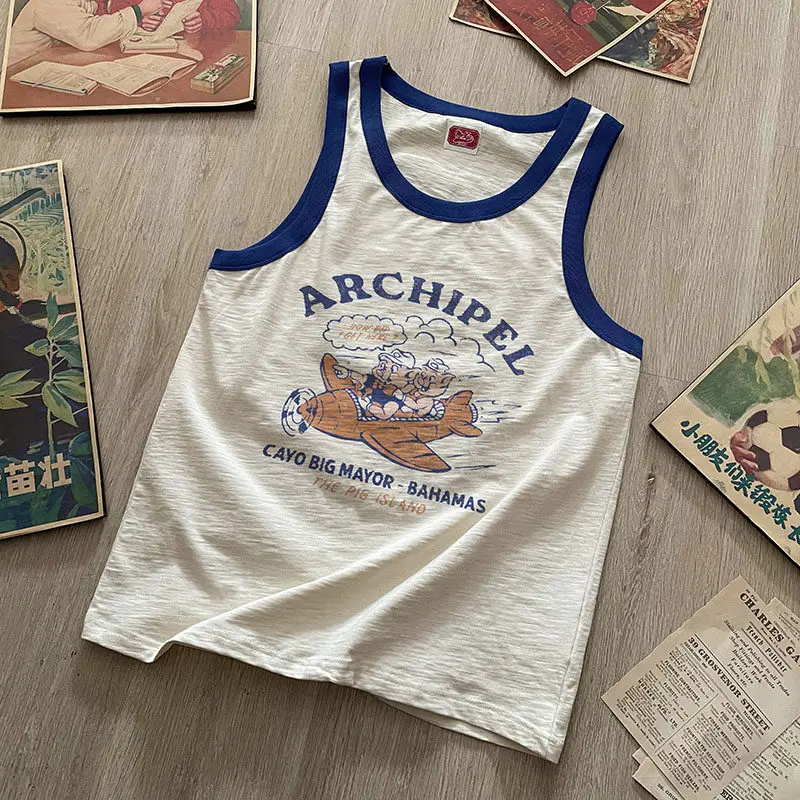 Vintage Sporty Color Block Cotton Tank Top for Men Cartoon Pig Print Sleeveless Muscle Tee Casual Streetwear Summer Vest