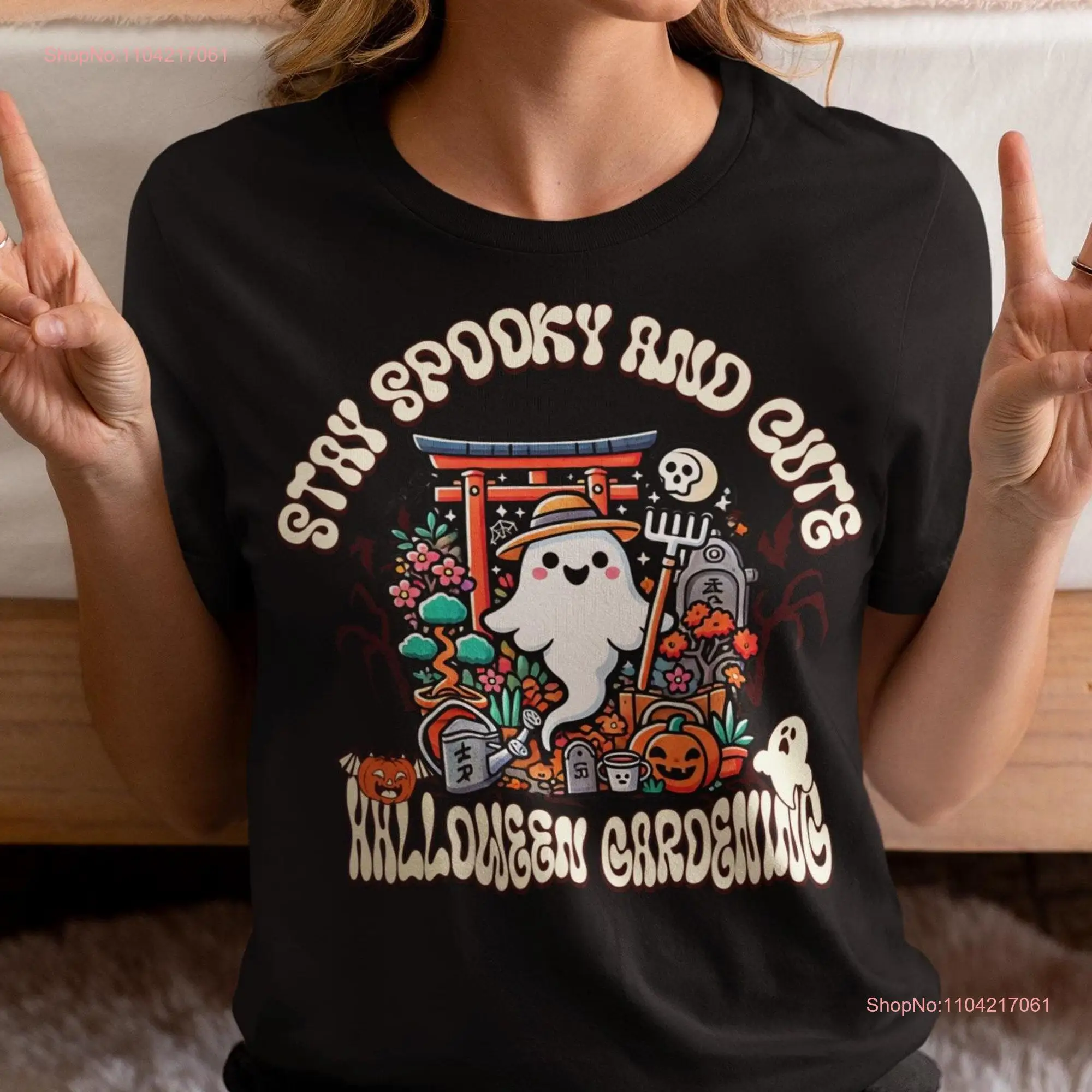 Stay Spooky and Cute Halloween Gardening T Shirt Adorable Ghost Gardener Design Floral Garden long or short sleeves