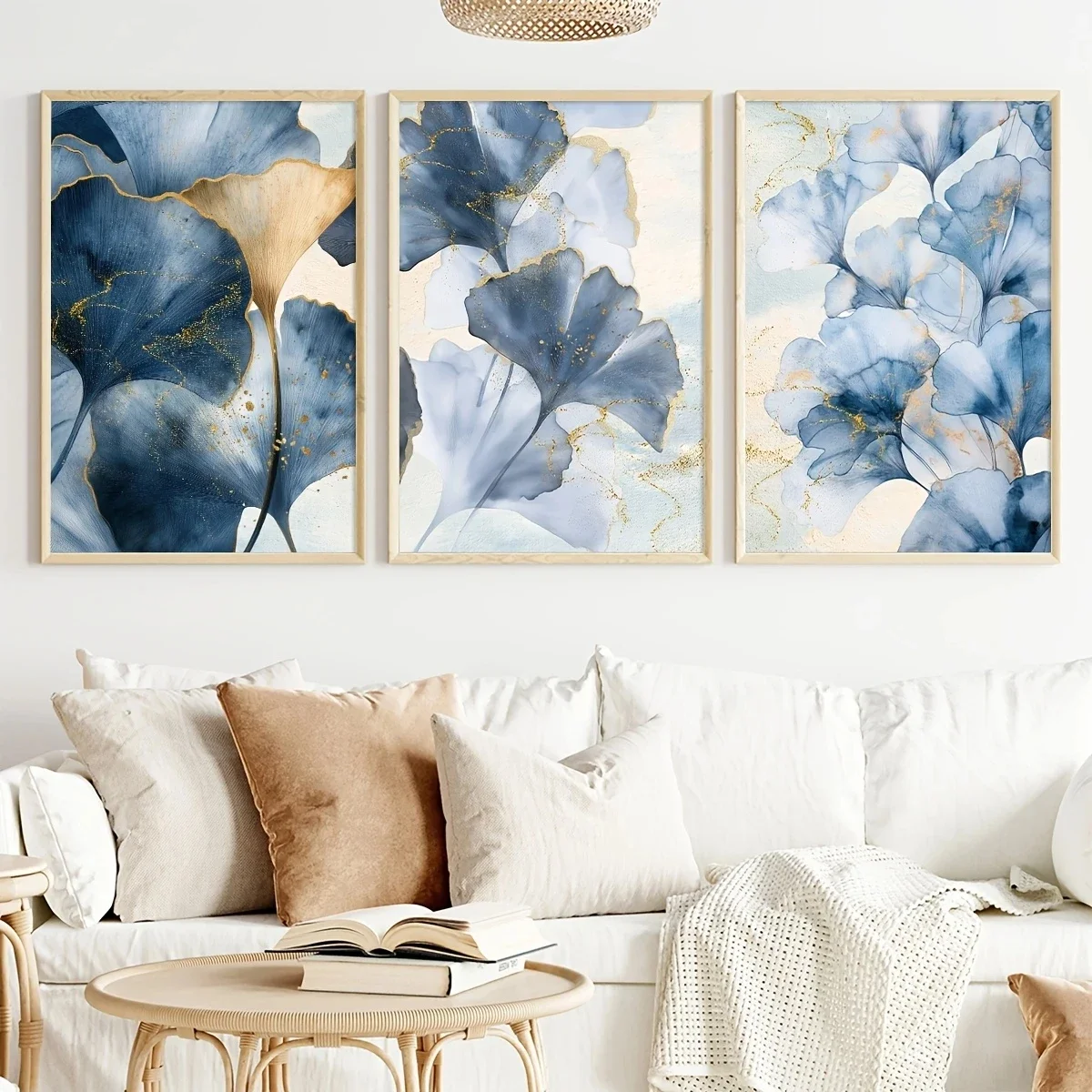 Multi-size 3PCS frameless high-definition decorative paintings,3pcs Blue Ginkgo Leaf Gold Foil Canvas Wall Art Modern Watercolor