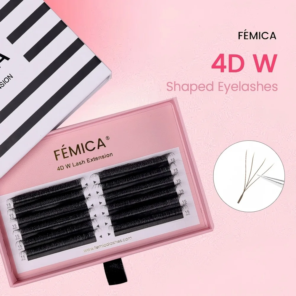 FÉMICA-4D W-vormige wimperextensions, premade volumefans, 0,07 mm W-vormige krul, 3D, 8D-dichtheid, valse wimpers voor make-up