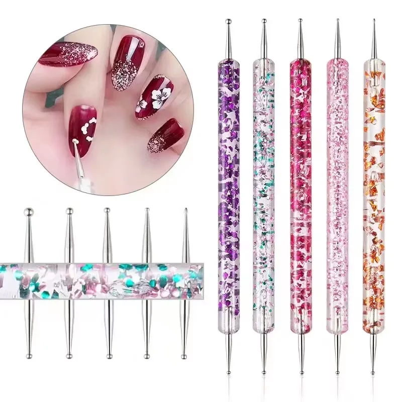 5pcs/Set Dual-Ended Nail Art Dotting Pen With Rhinestones Handle 3D UV Gel Liner Flower Pattern Drawing Painting Brush Tool Kits