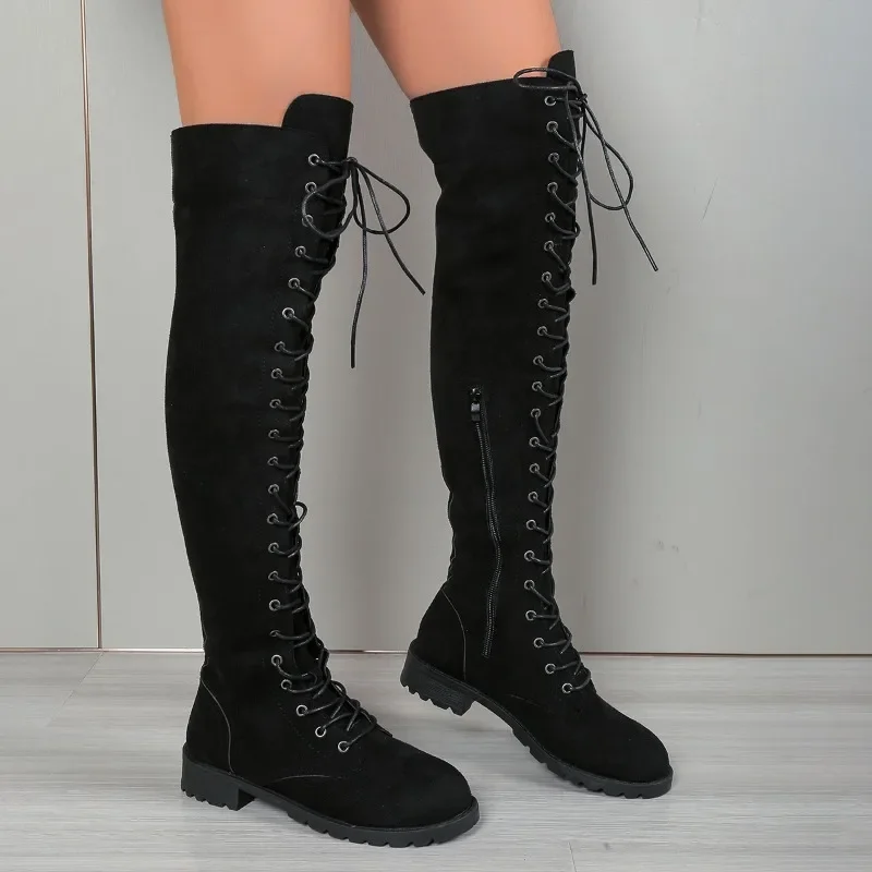 Shoes Female 2024 Over-the-Knee Women's Boots Brand Modern Boots Women Lace Up Round Toe Low Heel Side Zip Plus Size Shoes Women