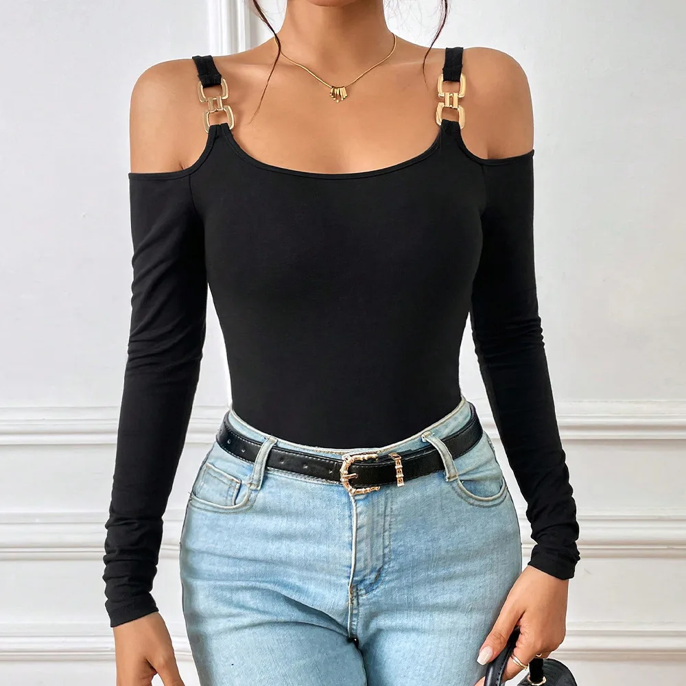 

Women's 2026 Metal Hook Long Sleeve Vest Threaded Knitted Slim Fit Solid Color Temperament Top