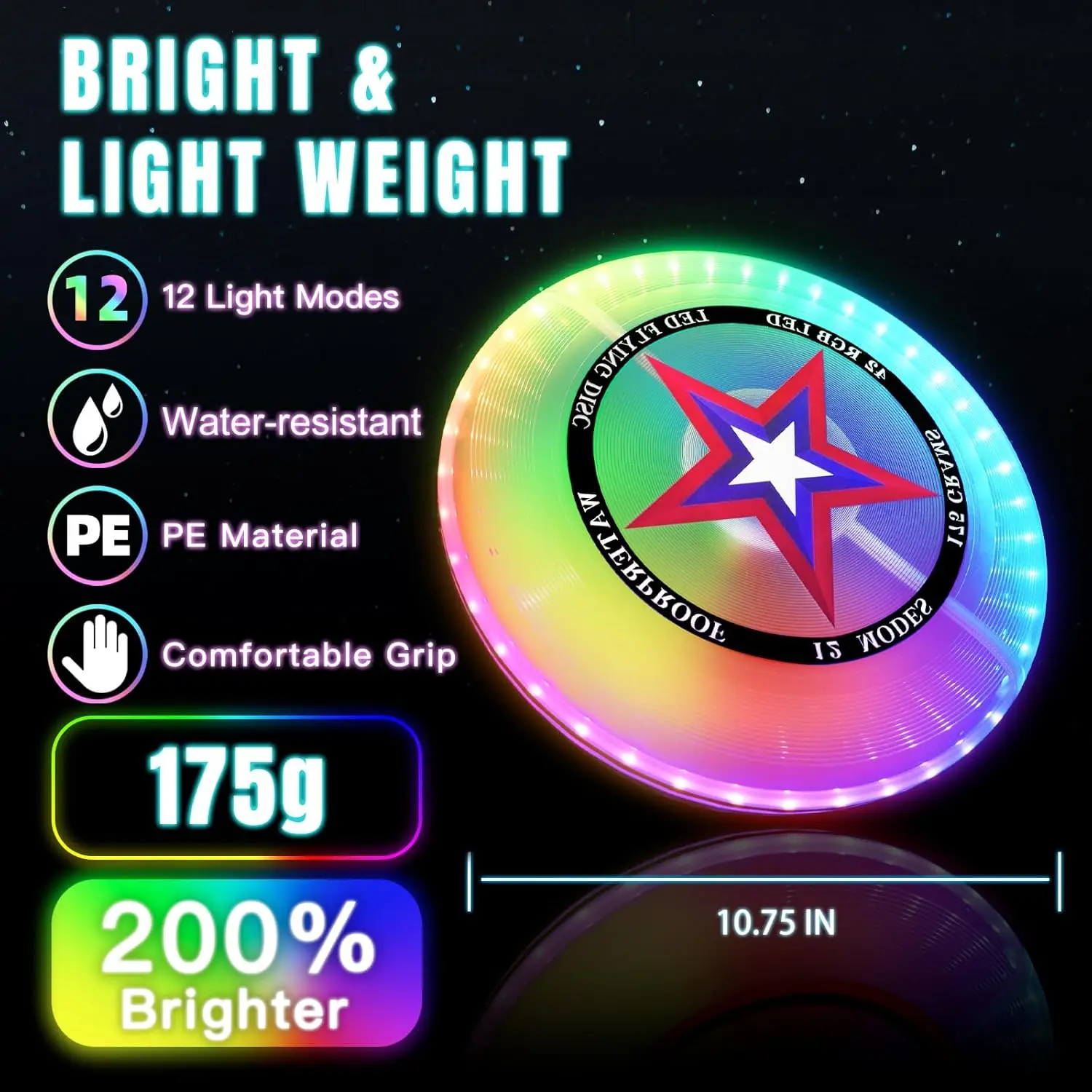 LED Flying Disc with  Colors, 42 LEDs, 12 Lighting Modes, Rechargeable & Water-resistant, Outdoor Toys Camping Lawn Yard Games