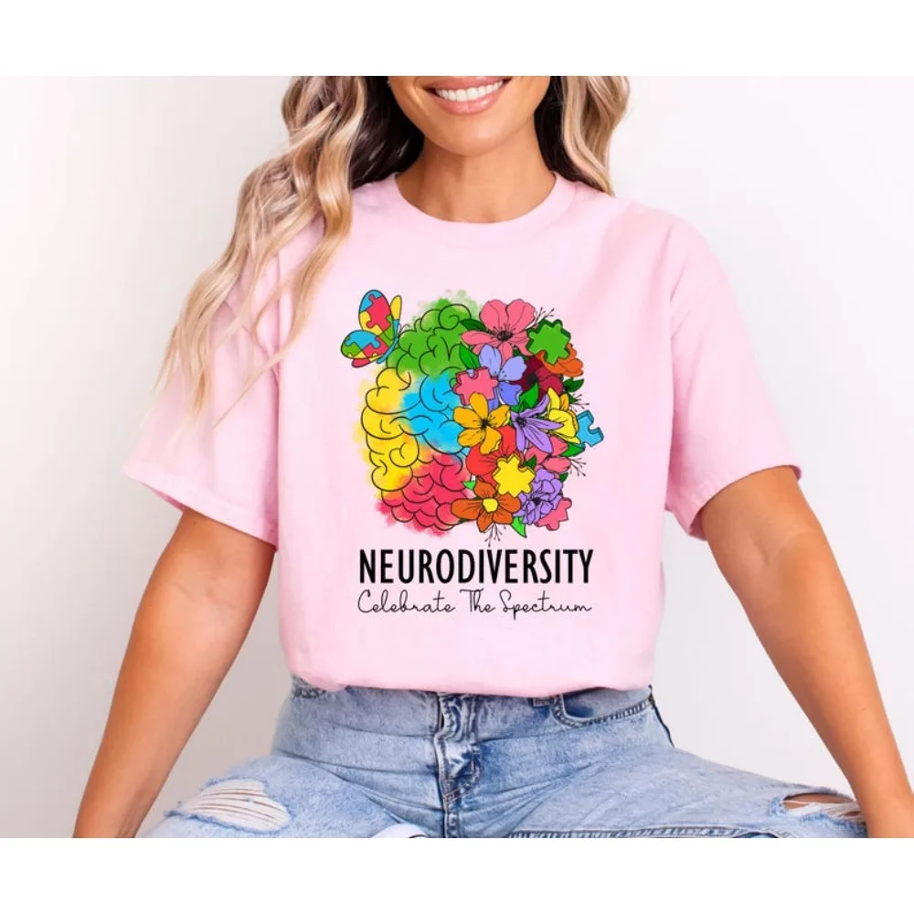 

Autism Awareness Shirt Embrace Neurodiversity Celebrate The Spectrum Brain Tshirt Neurodiversity T-Shirt Women Casual Cotton Tee