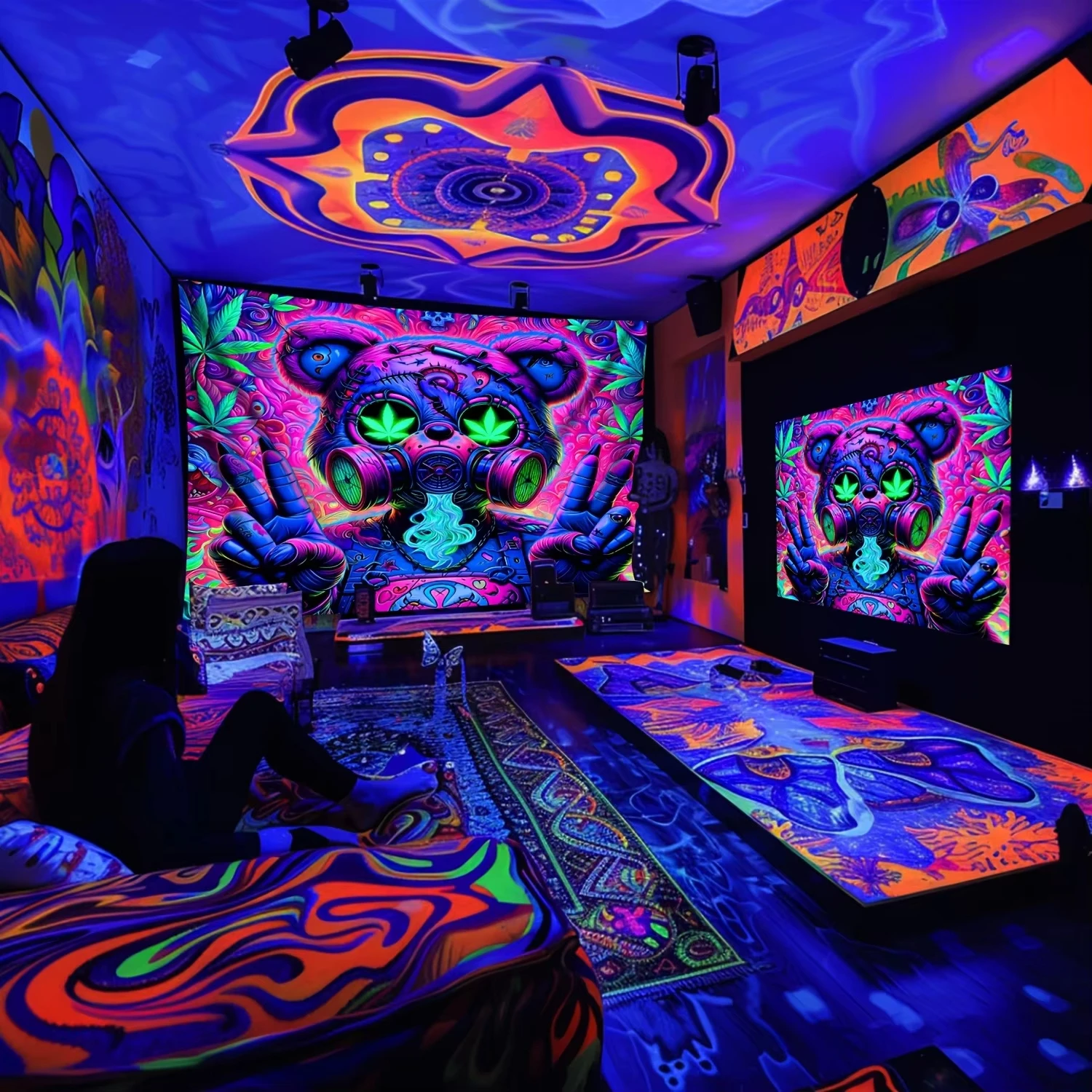 VIKAMA Cyber Psychedelic Tapestry Gas Mask Bear Neon Leaves Psychedelic Style Design Living Room Gaming Room Personalised Decor