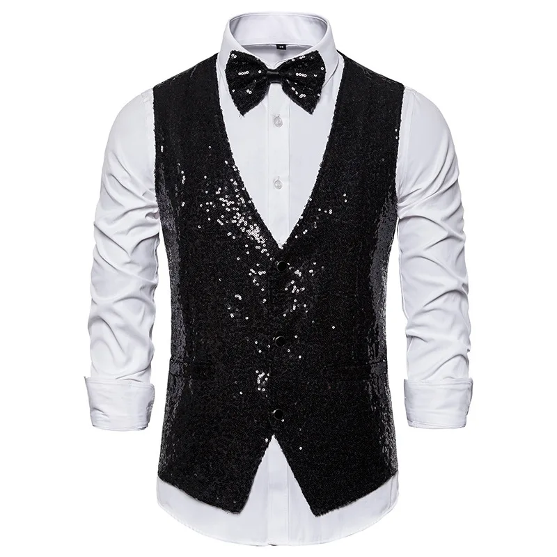 

Shiny Royal Blue Sequin Dress Vests Men Slim Fit V Neck Glitter Tuxedo Waistcoat Mens Wedding Party Stage Prom Vest with Bowtie