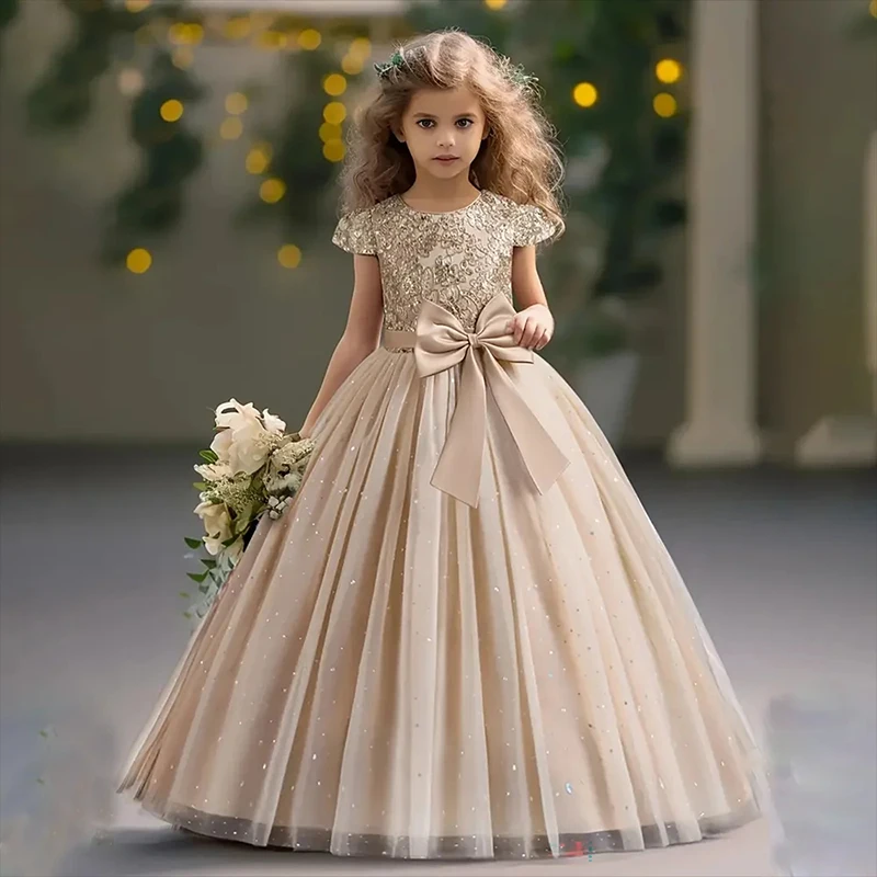 Elegant Green Girls Formal Ball Gown Scoop Neck and Short Sequin Lace Sleeves Pageant Dress Floor-Length Flower Girl Dress