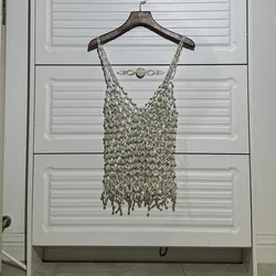 Women Fashion Imitation Pearl Hollow Vest Body Chain Handmade Crystal Beaded Camisole Hollow Out Mesh Crop Tank Top Boho 2024