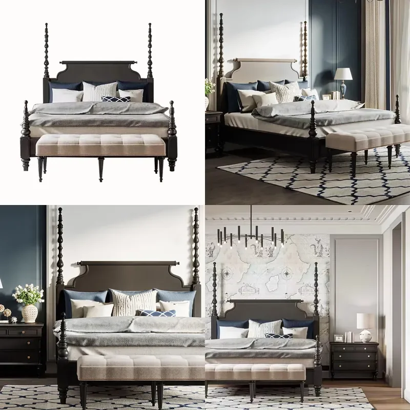 French Retro Solid Wood Bed Neoclassical Black Pillar Design American Double Size Princess Style Bedroom Furniture