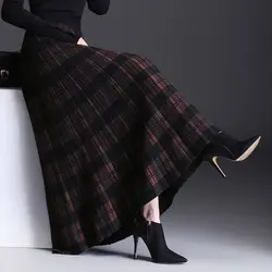 Autumn Winter High Waist Knitted A-line Maxi Skirt Women Casual Skirt Plaid Long skirt