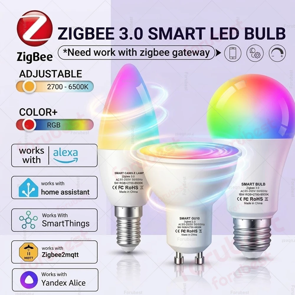 

Умная лампа Zigbee RGBCW E27 E14 GU10 LED с голосовым управлением через Alexa Echo, Яндекс Алиса, требуется хаб Zigbee 3.0 для Zigbee2MQTT