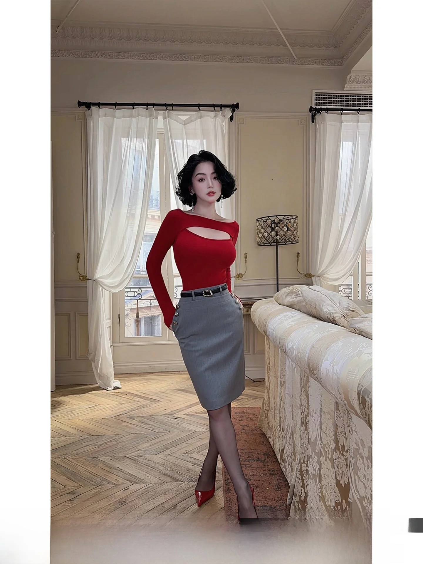 

LYXJ Morgan ey Series mat ey f Skirt with Belt Spring 2026 High Waist Pencil Skirt for Ladies