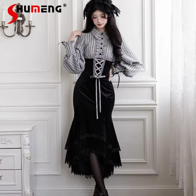 

Original Sweet Lolita Mermaid Dress for Women French Elegant Retro Striped Patchwork Long Sleeve Dress Princess Tea Party Dress