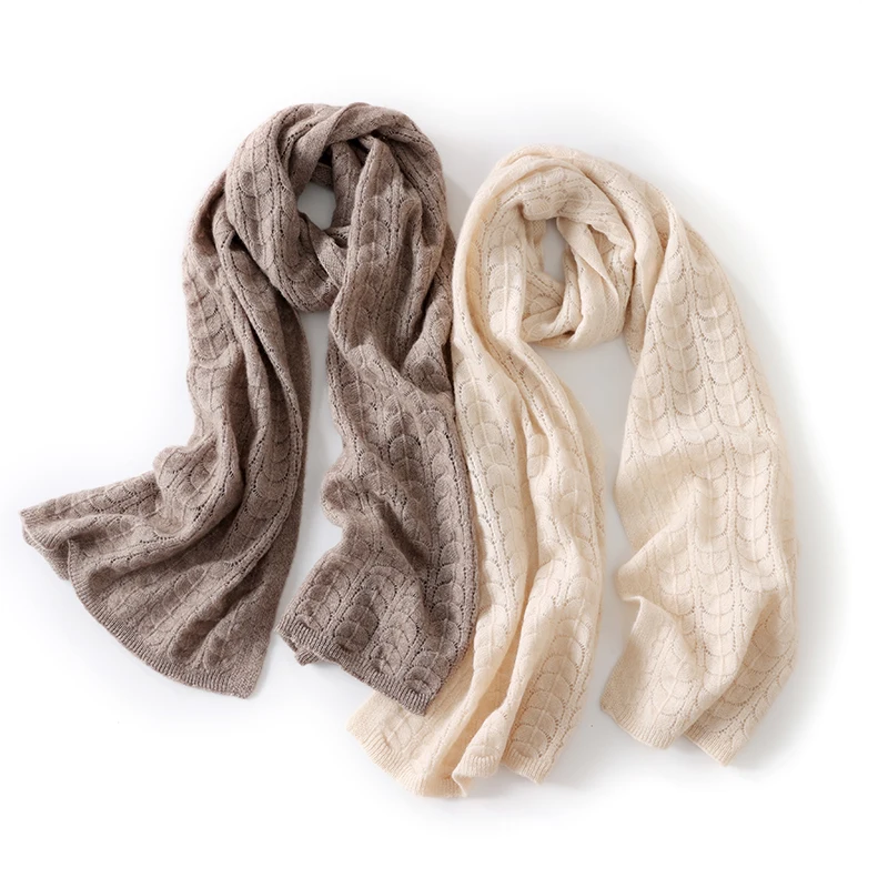 

Autumn Winter Warm 100% Cashmere Women's Scarf Knitted Christmas Neck Warmer Versatile Fish Scale Pattern Hollow Shawl