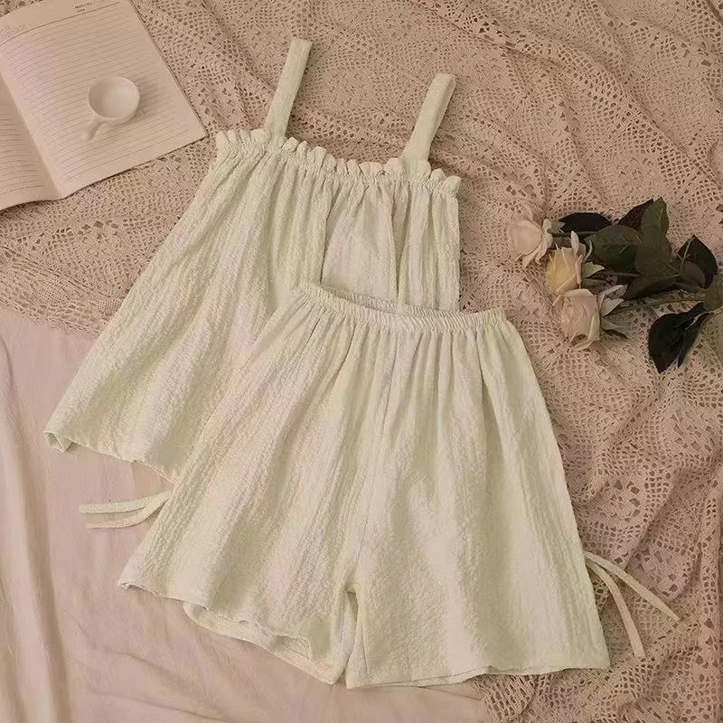 

Летний домашний комплект для девочек-подростков: тонкие шорты и майка из хлопка с эффектом пузырьков, на бретельках, для дома