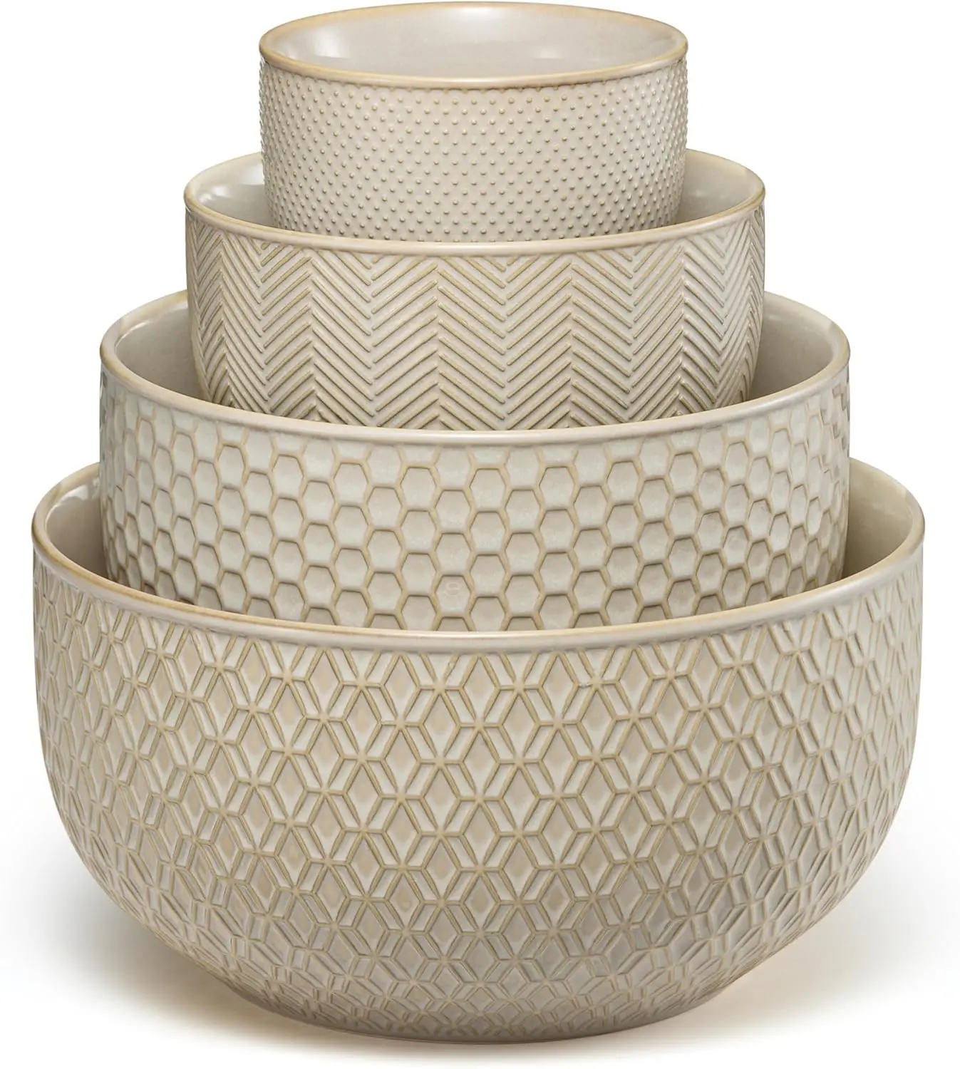 

Ceramic Mixing Bowls Set of 4, Embossed Kitchen Dishware for Prep and Serving, Microwave & Dishwasher Safe, 20-145 oz