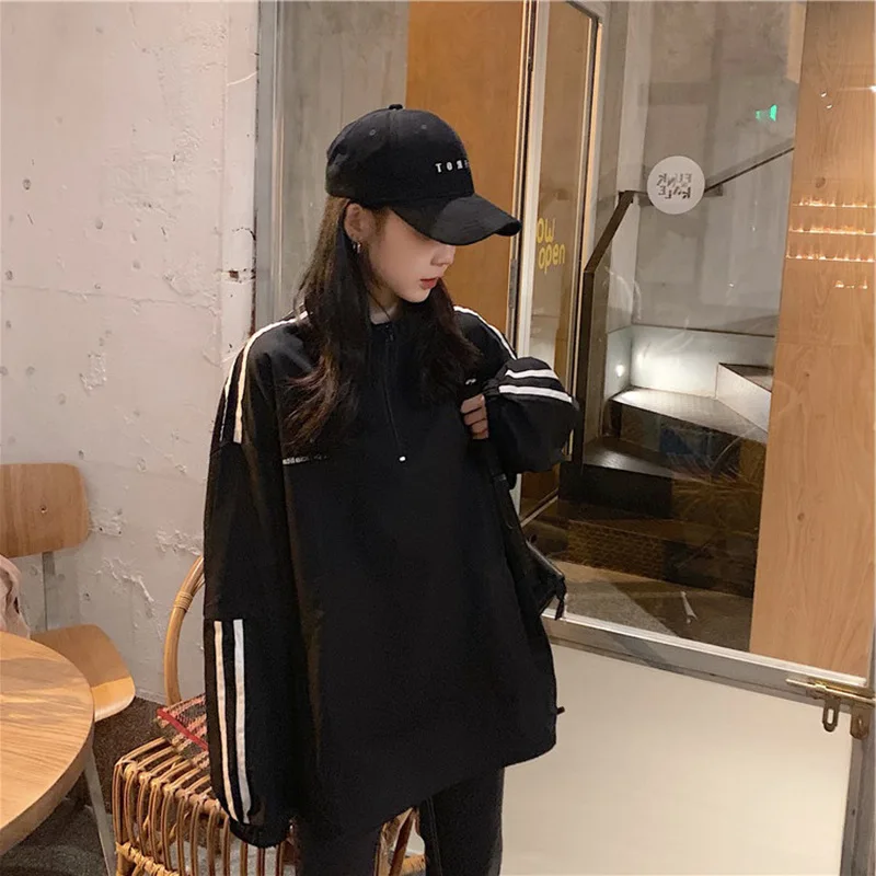 Cotton, Zipper Sweater Women\'s Spring And Autumn Korean Striped College Top Ins