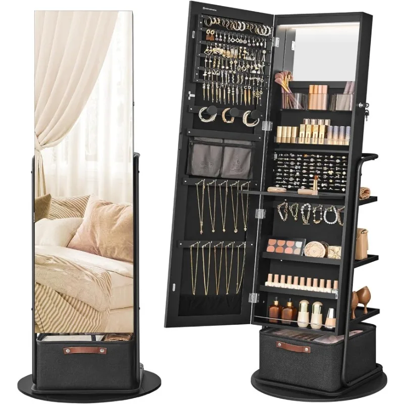 

360° Swivel Mirrored Jewelry Cabinet with Lights, Full-Length Mirror with Jewelry Storage, Standing Jewelry Armoire Organizer