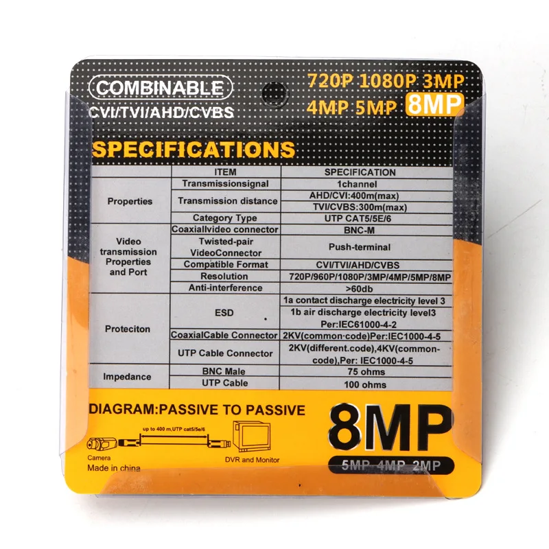 BNC to UTP twist-pair video transceiver TVI/CVI/AHD passive BNC video balun for HD CCTV camera