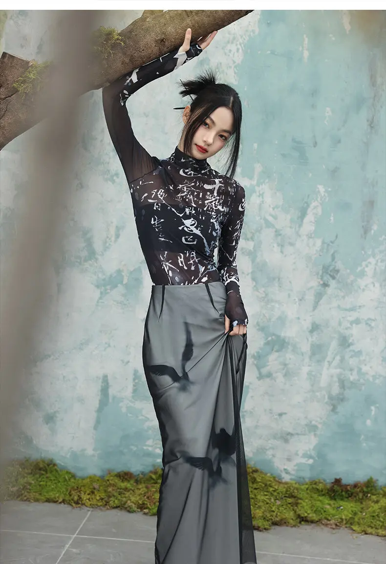 UMI MAO Chinese Style Skirt Flying Swallow Print Women's Minimalist Temperament Slightly Loose Vintage Skirts Femme Y2K