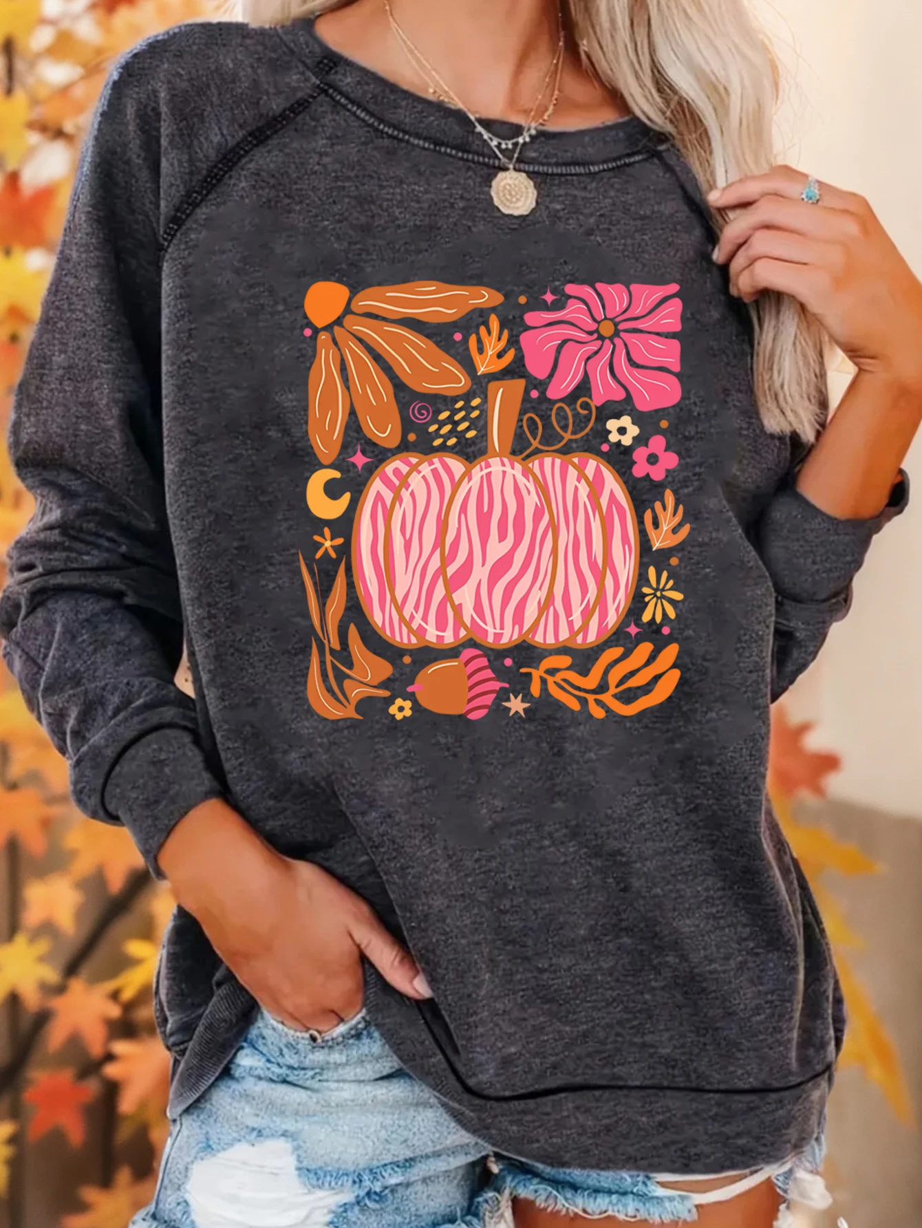 

Fashion Creative Premium Bohemian Floral Pumpkin Print Sweatshirt Round Neck Casual Sweatshirts Fall and Spring Women's