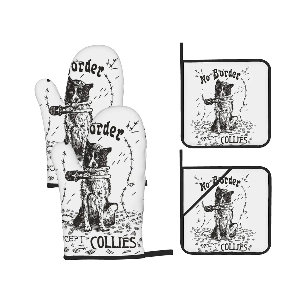 No Border Except Collies Oven Mitts and Pot Holder Sets of 4 for Baking Kitchen Cooking BBQ Resistant Non-Slip Gloves