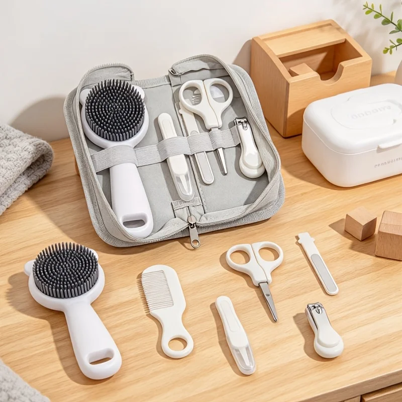 Newborn care set, shampooing and massaging brush, PP small comb, nail clippers / scissors / nail file, canvas storage bag