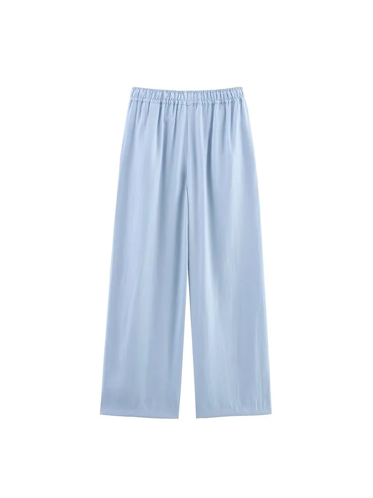 2025 여성 여름 와이드 레그 팬츠 패션 캐주얼 솔리드 밴딩 허리 루즈핏 여성 우아한 스트릿 팬츠 트라우저 의류