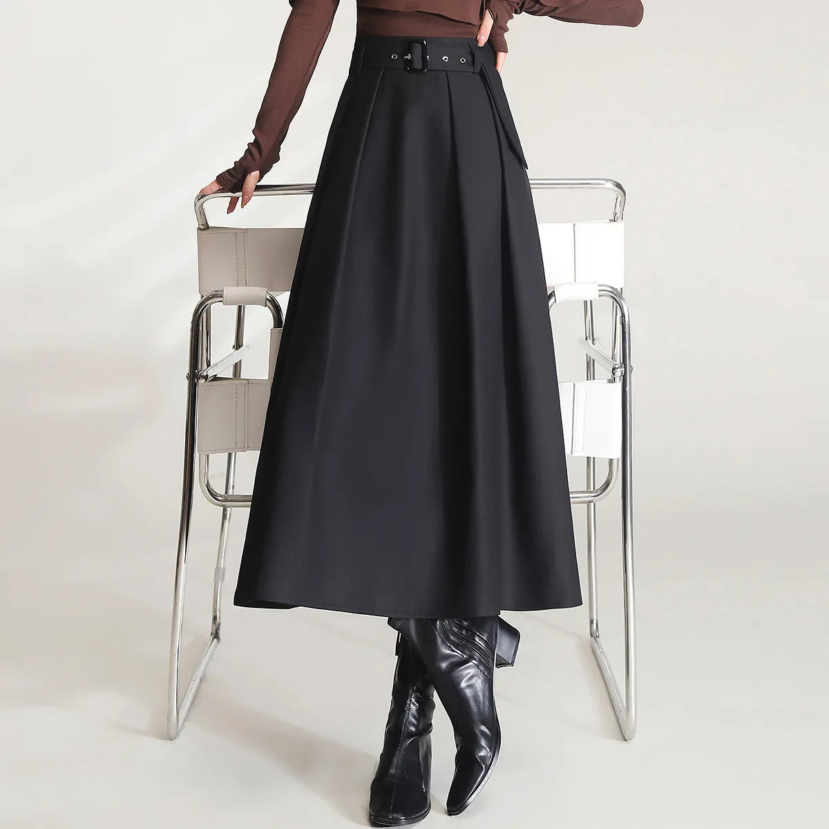 LOUISYAO Office Lady High Waisted Pleated Skirt Women 2025 Autumn Removable Waistband A Line Midi Casual Workwear Bottoms