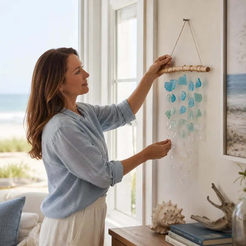 Sea Glass and Driftwood Wind Chime Bohemian Handmade Glass Craft Home Decor Gift 46cm
