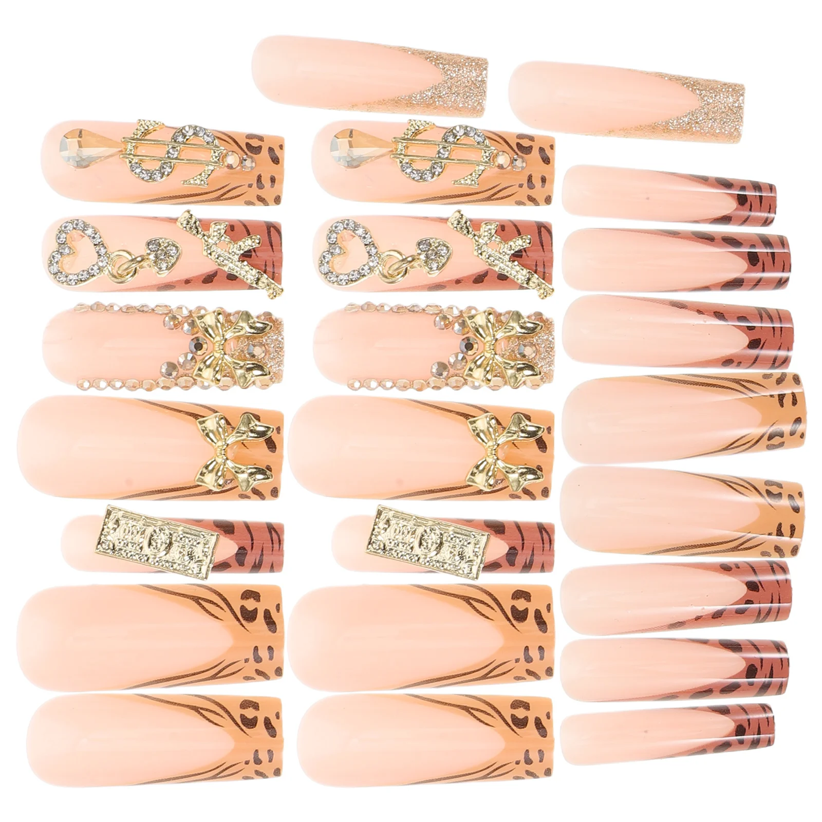 

Press on Nails Set Long Coffin Artificial Assorted Color French Leopard Print Gold Bow Nail Art Fake Nails Leopard Fake Nail