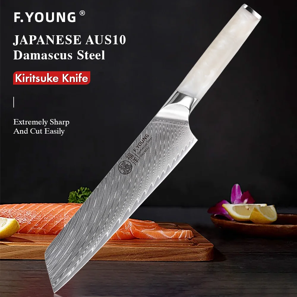 

F.YOUNG 8.5" Japanese Kiritsuke Knife Damascus Steel Kitchen Professional Chef Knife Sharp Slicing Cleaver Cooking Tools Cutlery