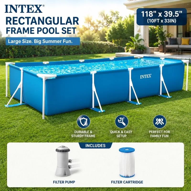 Large Family Above Ground Swimming Pool,14.75ft x 7.25ft x 33in Rectangular Steel Frame Pool Set 530 GPH Cartridge Filter Pump