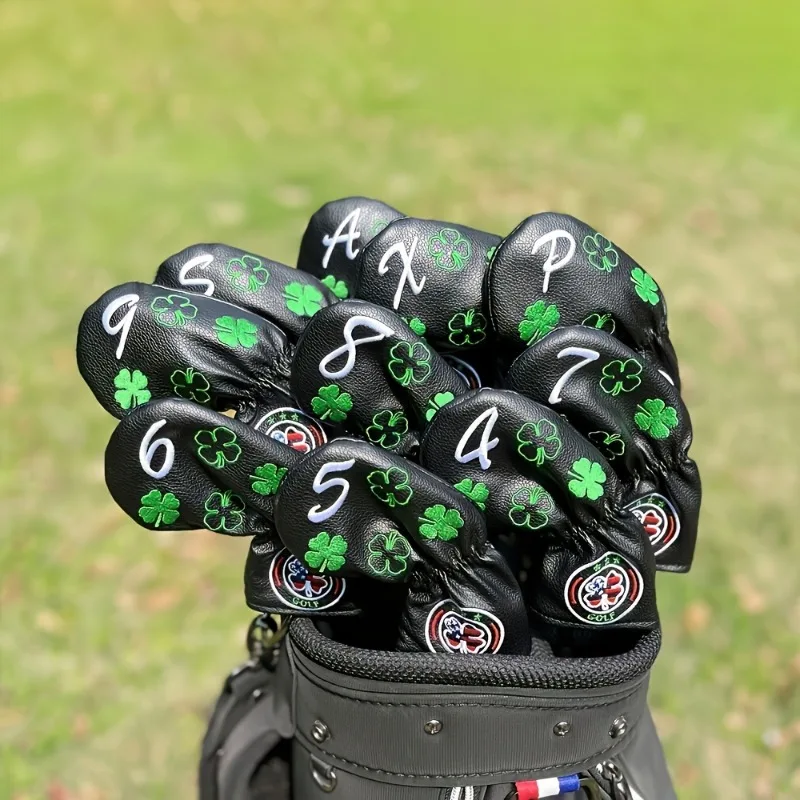 Set Penutup Kepala Tongkat Golf PU Bordir Lucky Clover - 10pcs, Pelindung Tongkat Golf yang Tahan Lama dengan Penutup Aman, Desain Leher Panjang