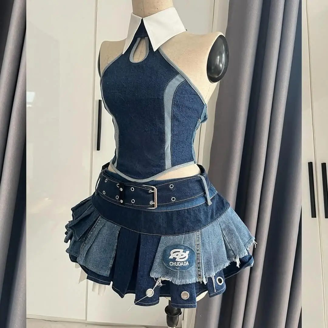 Y2K 스타일 민소매 하프 스커트 섹시 숏 스커트 kpop 댄스 의상 로리타 세트