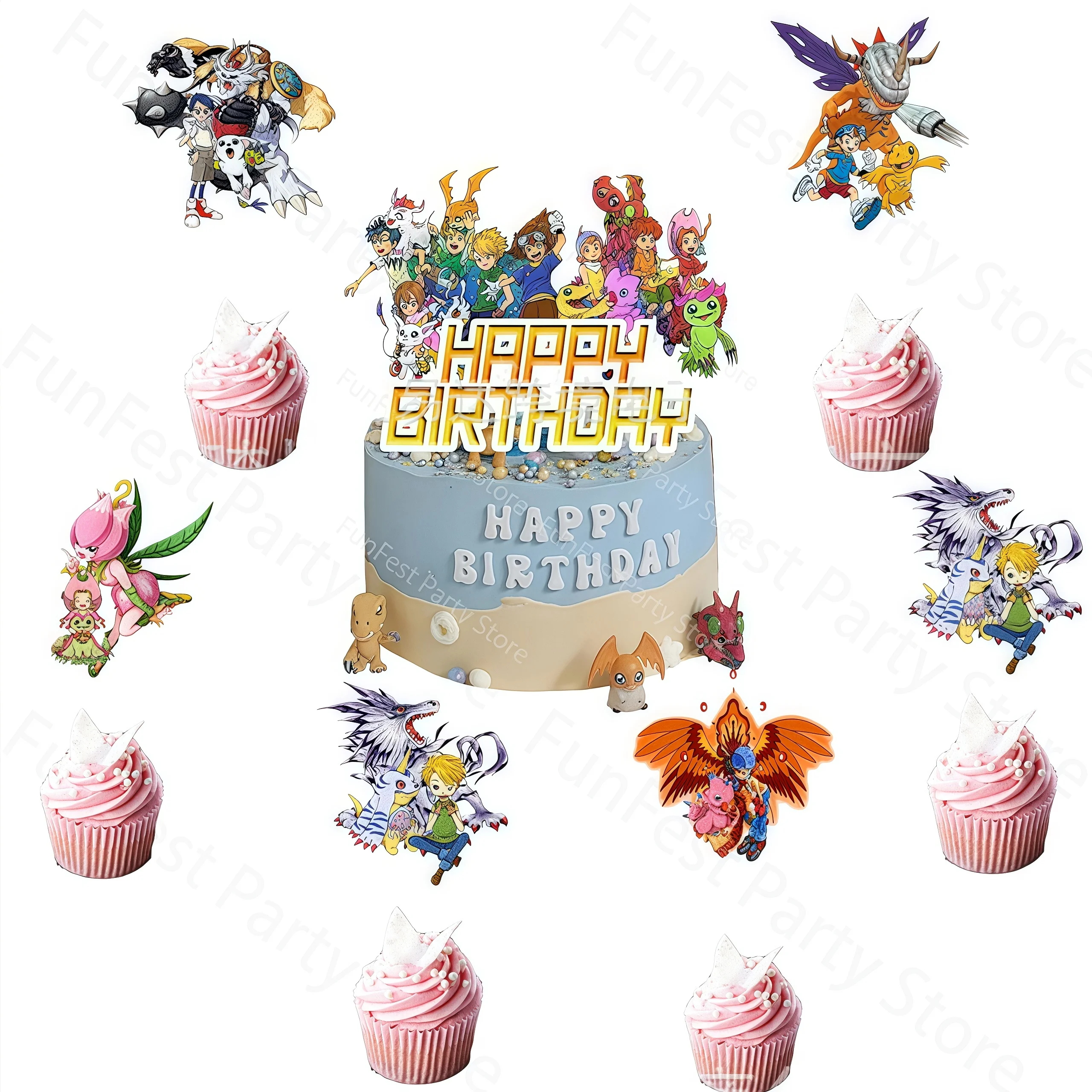 الرقمية الوحش حفلة عيد ميلاد الديكور ديجمون كب كيك بالونات راية خلفية كعكة توبر راية عدد الاطفال استحمام الطفل