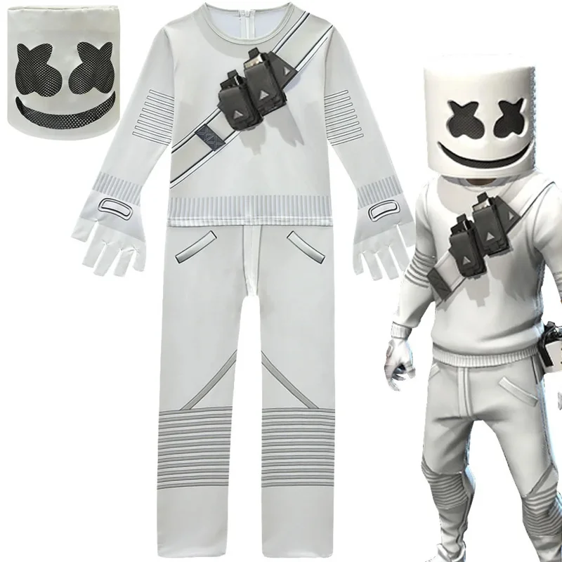 Kids Popular DJ Marshmello Cosplay Halloween Costume with Mask Boys Girls Jumpsuit Carnival Party Electric Syllables Bodysuit