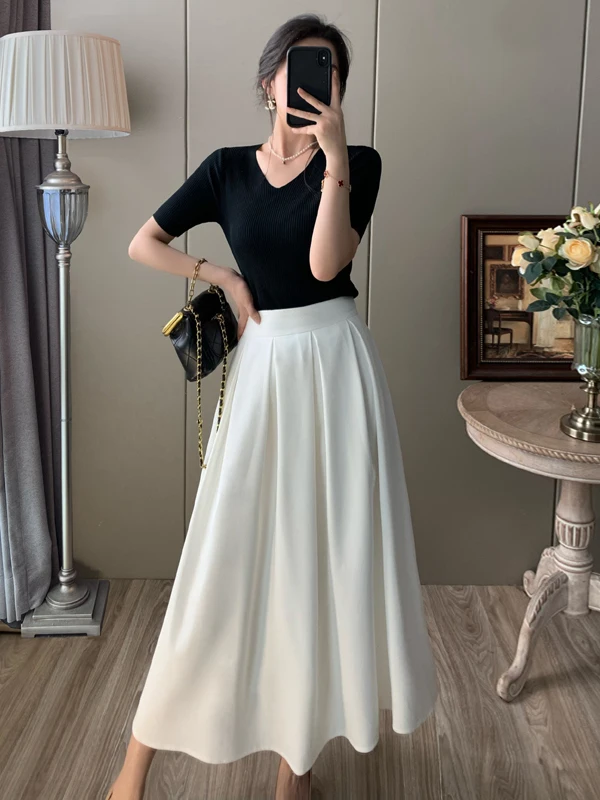 

Retro Elegant Short Sleeve Knitted Top And A-Line Skirt Two-Piece Set Hepburn Style Dress High Waist Gored Soft Non-Elastic