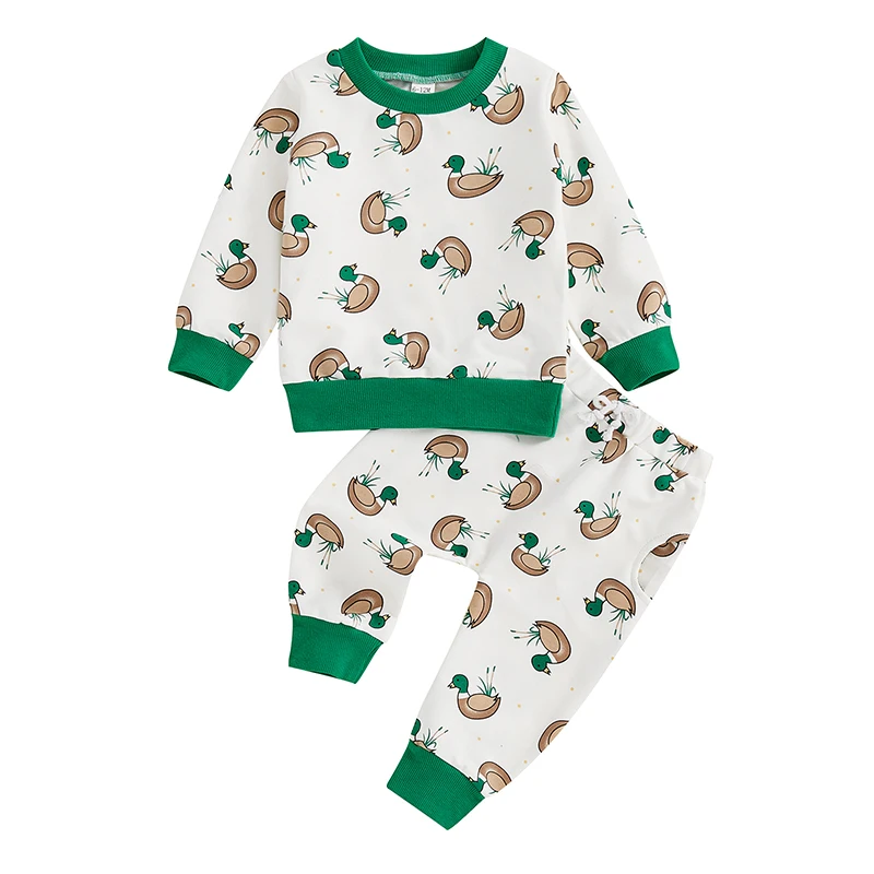 Baby Boys Pants Set Duck Print Long Sleeve Crew Neck Sweatshirt with Elastic Waist Sweatpants Infant Clothes