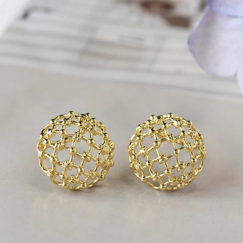 Huitan Hollow Cross Half Ball Design Women Stud Earrings Gold Color Simple Party Versatile Wedding Daily Minialist Metal Jewelry