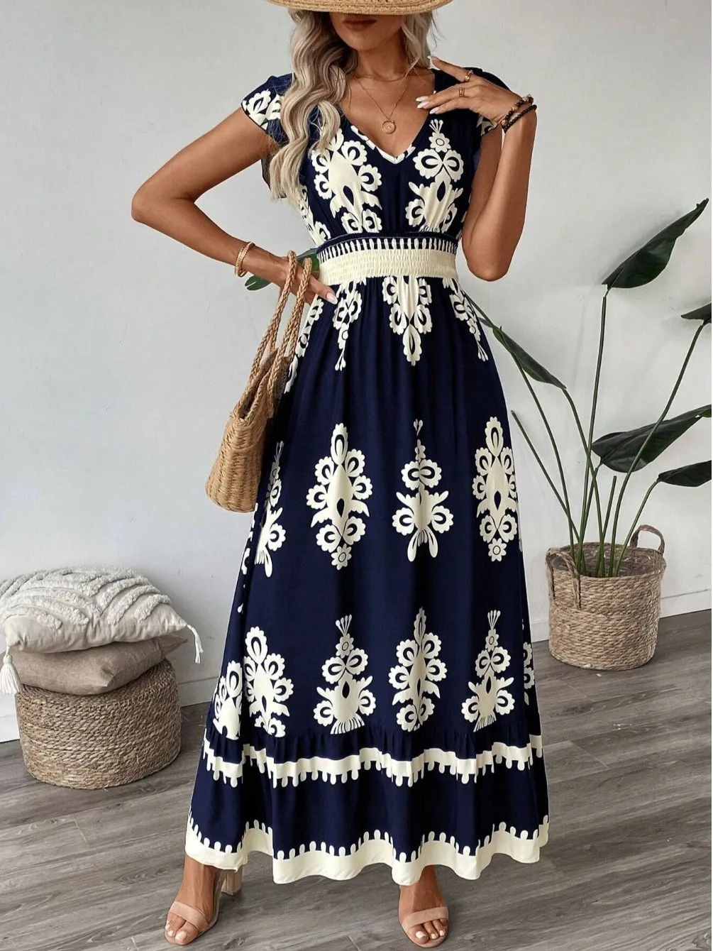 Ele V-ne Printed Waist-cinching Holiday Sle Dr Summer New Faion Fly-sve Long Dr Soft Polyester Fabric