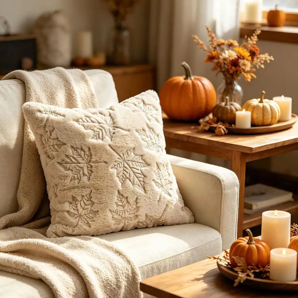 Farmhouse Throw Pillow Case Plush Throw Pillow Covers Fall Plush Cushion Cover Pumpkin Embroidery Throw Pillow for Thanksgiving
