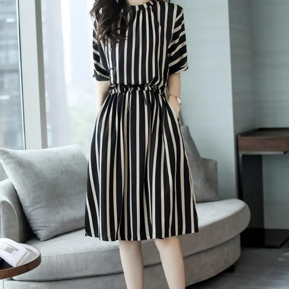 

Striped Short Sleeve Women Midi Dress High-Waist Casual Dress Slant Pockets Vertical Striped Print Lady Casual Mini Dress Robe