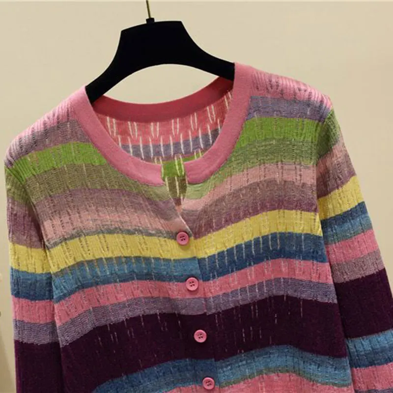 Multi-Color Rainbow Striped V-Neck Knit Chic Long Sleeve Women\'s Cardigan Single Breasted Sweater Cardigan For Women Clothing